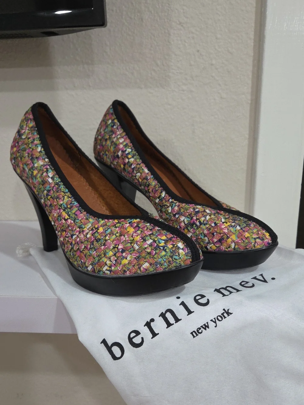 bernie mev. Multicolor Tweed Platform Pumps with Black Trim